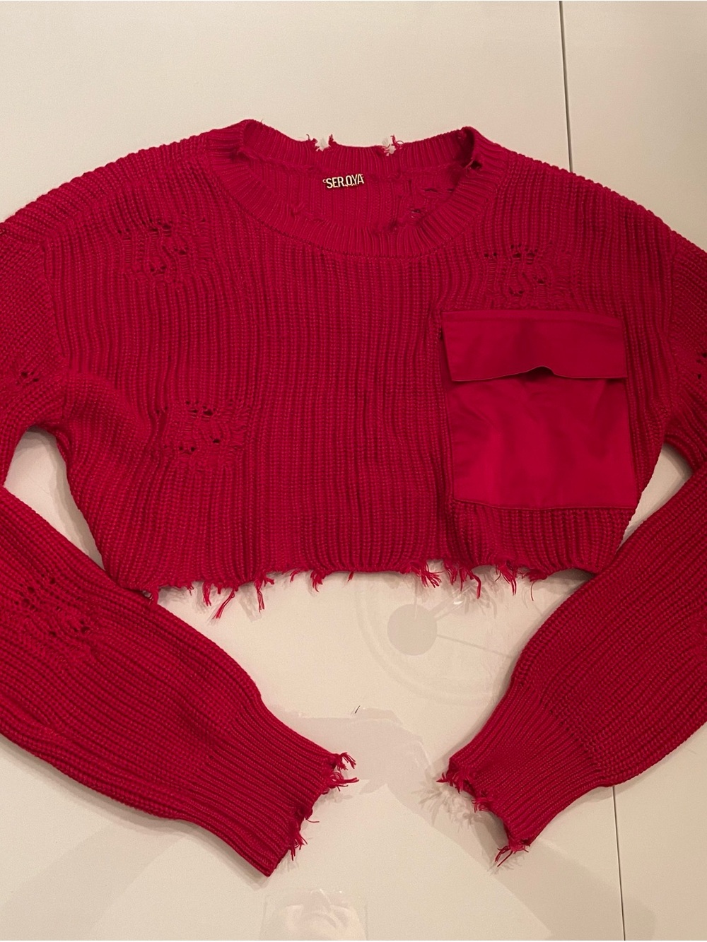 SER.O.YA Red Distressed Cropped Knit Top with Pocket